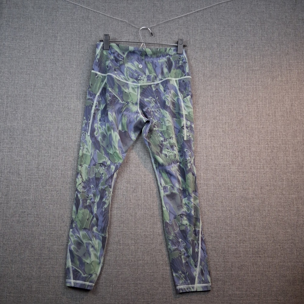 Lululemon High Rise Leggings Green Purple Abstract Print Side Pockets Size 4/6 - Picture 2 of 5